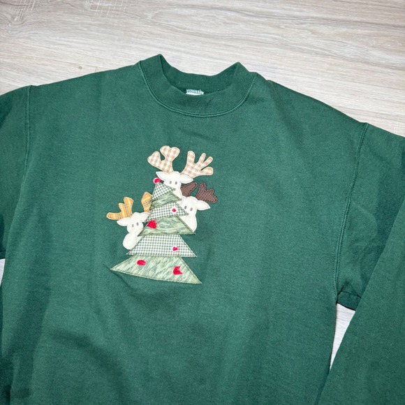 Vintage 90s Jerzees Christmas Sweatshirt Tree Applique Holiday Green Mens Medium - Picture 2 of 7
